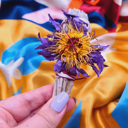 4" White Sage Smudge Stick with Blue Lotus Flowers